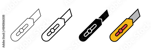 Set of minimalist utility knife icons with transparent background, depicting sharp cutting tools for office supplies, crafting, and industrial use, vector illustration