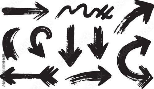 Grunge Hand-Drawn Arrow Set: Bold Black Brush Stroke Directional Doodle Design Elements