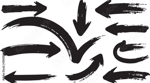 Grunge Hand-Drawn Arrow Set: Bold Black Brush Stroke Directional Doodle Design Elements