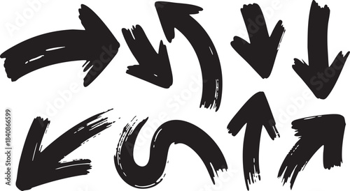 Grunge Hand-Drawn Arrow Set: Bold Black Brush Stroke Directional Doodle Design Elements