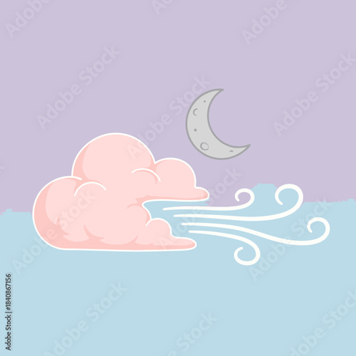 A whimsical illustration features a soft pink cloud gently blowing wind across a serene night sky with a delicate crescent moon.