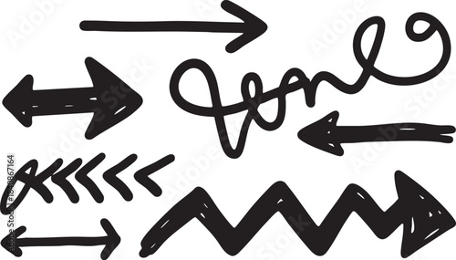 Grunge Hand-Drawn Arrow Set: Bold Black Brush Stroke Directional Doodle Design Elements