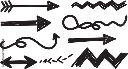 Grunge Hand-Drawn Arrow & Swirl Set: Bold Black Brush Stroke Directional Design Elements