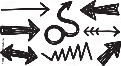 Grunge Hand-Drawn Arrow & Symbol Set: Bold Black Brush Stroke Directional Design Elements 