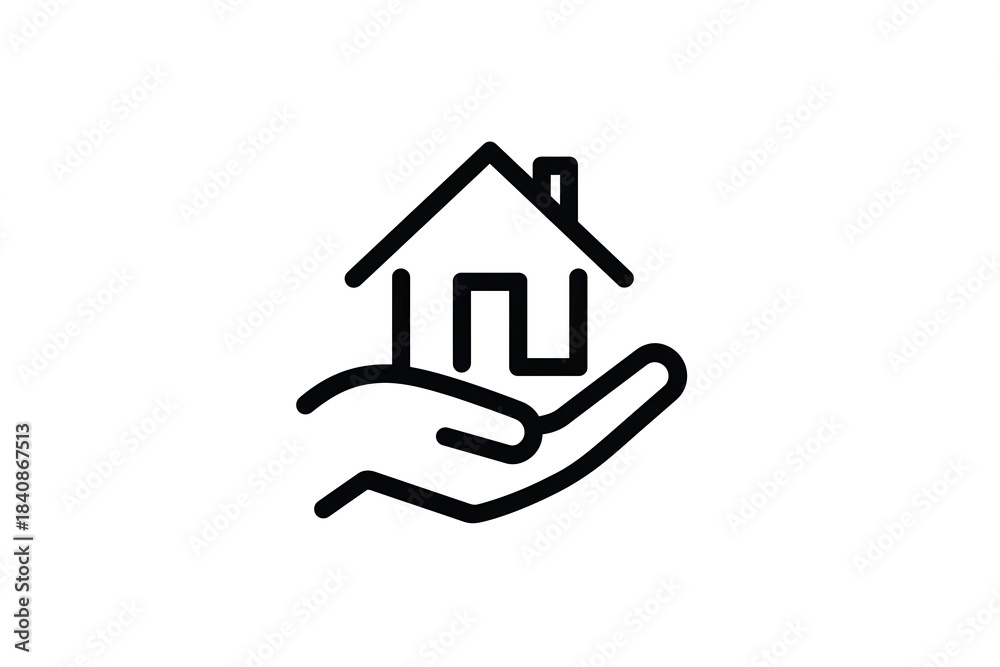Obraz premium A hand holding a house symbolizing support, care, and real estate concepts in a minimalistic design.