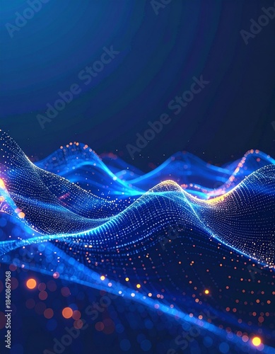 深い青の背景上に、金融アルゴリズムを連想させる層状の発光ラインと幾何パターンが重なり合い、AIの動的なデータフローが抽象的に可視化された未来的テックビジュアル。繊細な粒子が高精度テクノロジー感を演出し、クリーンでビジネス向けの印象を形成。