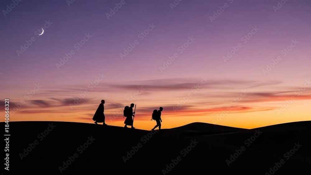 Fototapeta premium Silhouetted Travelers Walking Across Desert Dune at Sunset with Crescent Moon