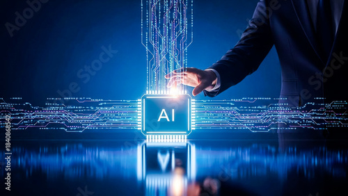 A human hand connects with a glowing AI processor chip, symbolizing the integration of human innovation and artificial intelligence. The futuristic blue background, with intricate digital circuits