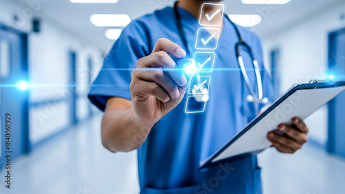 A medical professional in blue scrubs and a stethoscope interactively checks off tasks on a futuristic holographic checklist in a bright hospital hallway, while holding a clipboard. This image