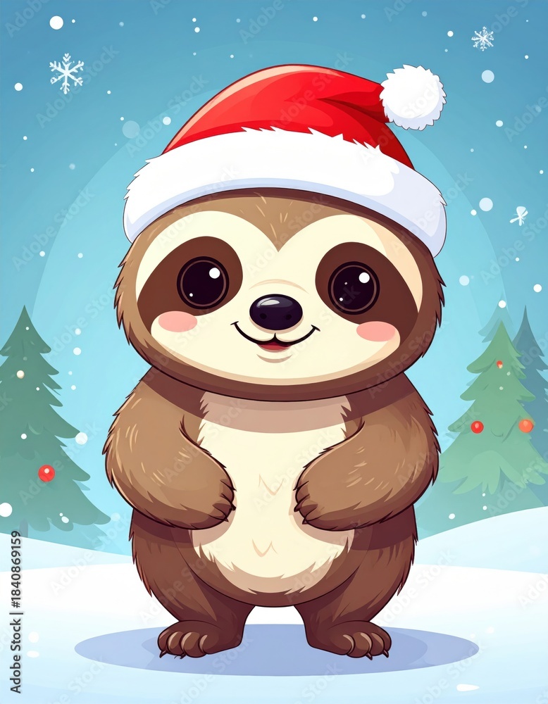 Obraz premium A cheerful sloth in a Santa hat, surrounded by snowy trees, embodying a festive and playful holiday spirit.