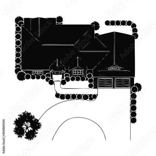 Top view architectural illustration of a residential house with surrounding landscaping and driveway.