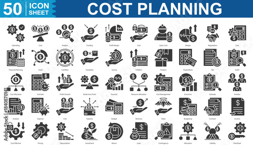 Cost Planning glyph collection. margin, cost, labor cost, Operating, cost, analysis, funding, profit and more. Illustration eps 10