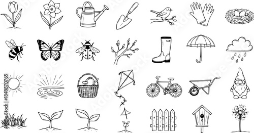 Spring Icons: A Collection of Hand-Drawn Illustrations for Gardening and Outdoor Activities