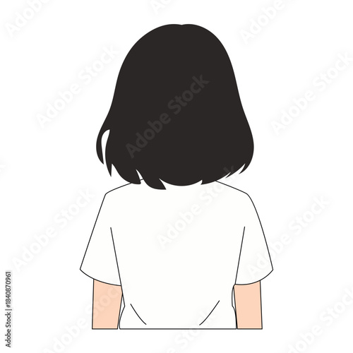 Minimalist illustration of a person with short black bob hair and a white t-shirt, seen from behind, looking away
