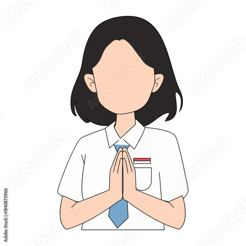 Young Indonesian female student in school uniform with flag badge making a respectful greeting gesture, flat cartoon illustration