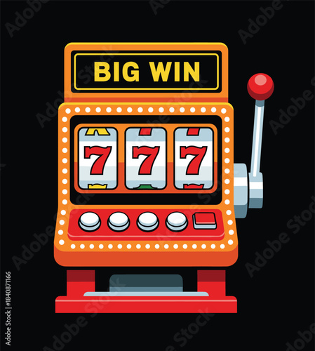 Cartoon vector illustration of a classic slot machine with three sevens jackpot and a big win sign perfect for casino and gambling themes