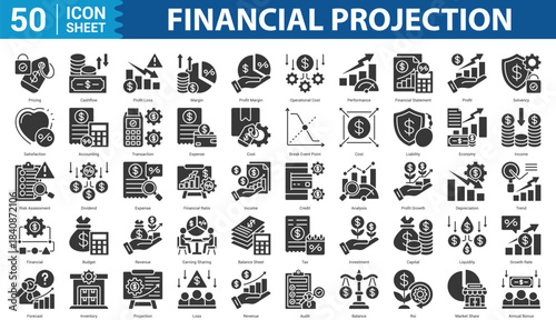 Financial Projection glyph Icon Set Collection Concept With Icon Of pricing, cashflow, profit loss, margin, profit margin, and more. Eps 10