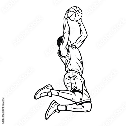 Dynamic illustration of a skilled basketball player executing a powerful slam dunk action in mid-air
