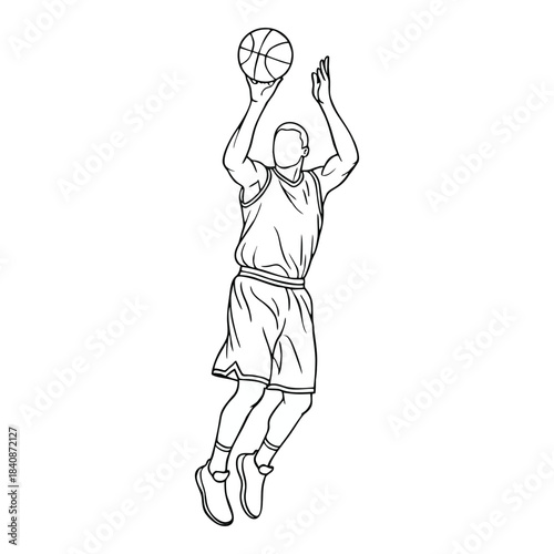 Line art illustration of a male basketball player in mid-air performing a classic jump shot