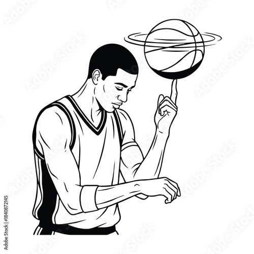 A skilled male basketball player demonstrates an impressive ball-spinning trick on his finger in a detailed line art illustration