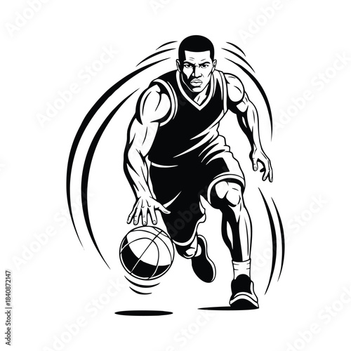 A powerful black and white graphic depicting a determined basketball player showcasing impressive dribbling skills during a game