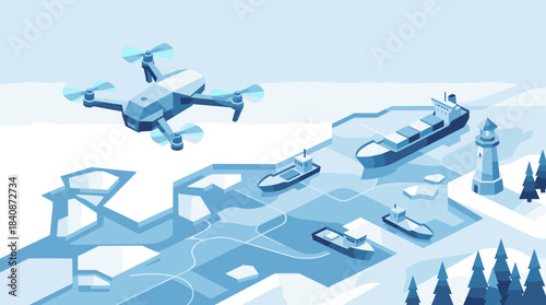 Drone flying over icy harbor with ships and lighthouse in winter  