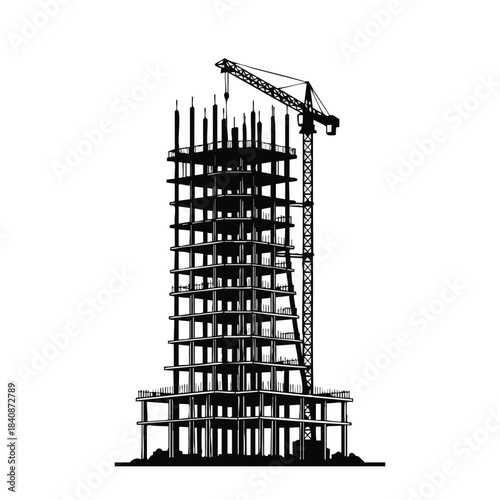 High-rise building under construction with tower crane silhouette.