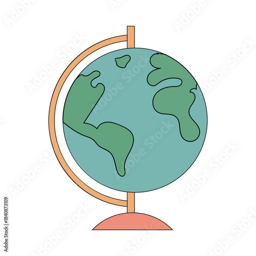 Cartoon Style Earth Globe Illustration on a Stand with Continents and Oceans, World Map Icon for Education, Travel, and Geography