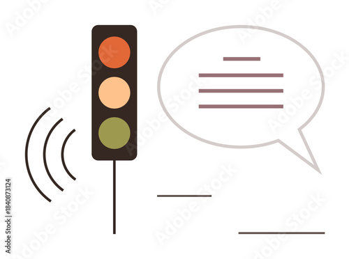 Traffic light with red, yellow, green lights, signal waves, and speech bubble suggesting communication. Ideal for technology, traffic, signal, communication IoT smart cities automation simple