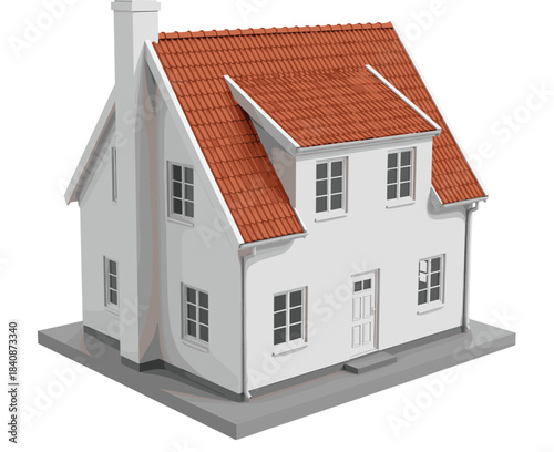 Detailed vector illustration of a classic two-story white detached house with a terracotta tile roof perfect for real estate and home design