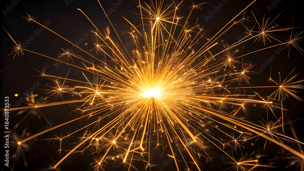 Obraz premium Bright sparkler explodes with golden light against a dark background