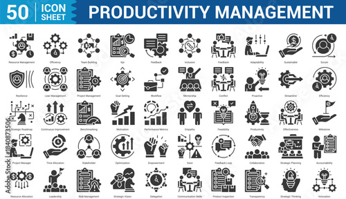 Productivity Management glyph editable Icon Set Collection Concept With Icon Of resource management, efficiency, team building, feedback, inclusion, feedback. Illustration eps 10