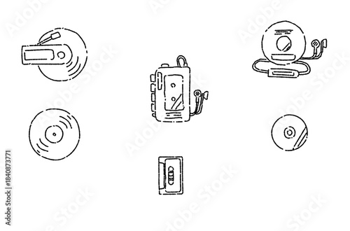 いろいろな音楽プレーヤーのイラストセット　線のみ