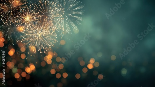 Sparkling golden fireworks bursting in the night sky with soft bokeh lights and teal hues