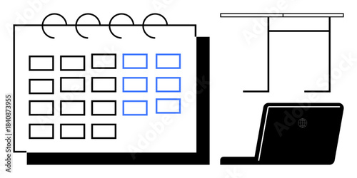 Time management, remote work, office organization, productivity tools, virtual meetings, scheduling. A calendar with marked dates, laptop and table. Time management and remote work theme