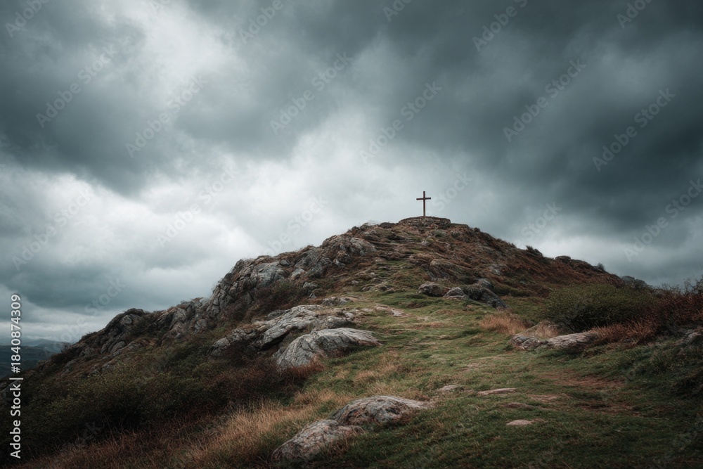 Fototapeta premium hill of calvary golgotha hill with dark cloudy sky stone