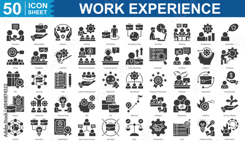 Work Experience glyph Icon Set Collection. Interview, responsibility, inclusion, briefing, job position and more. Illustration eps 10