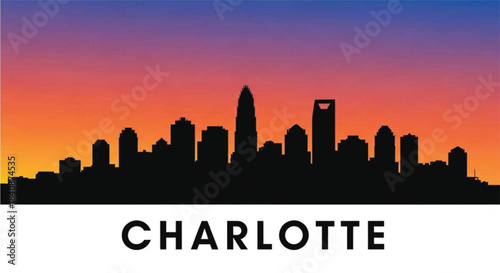 Charlotte skyline silhouette at sunset with vibrant sky colors