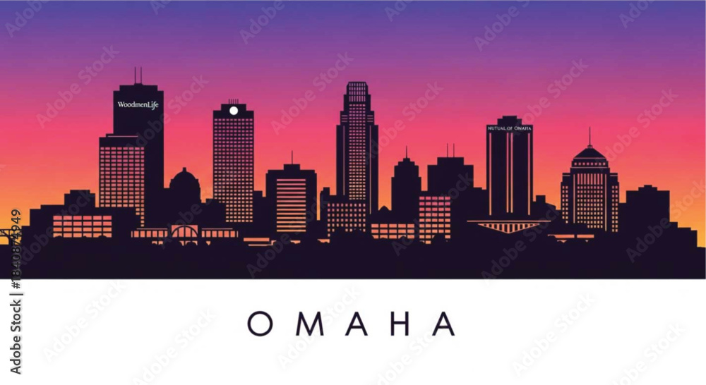 Fototapeta premium Omaha skyline silhouette at sunset with vibrant gradient sky