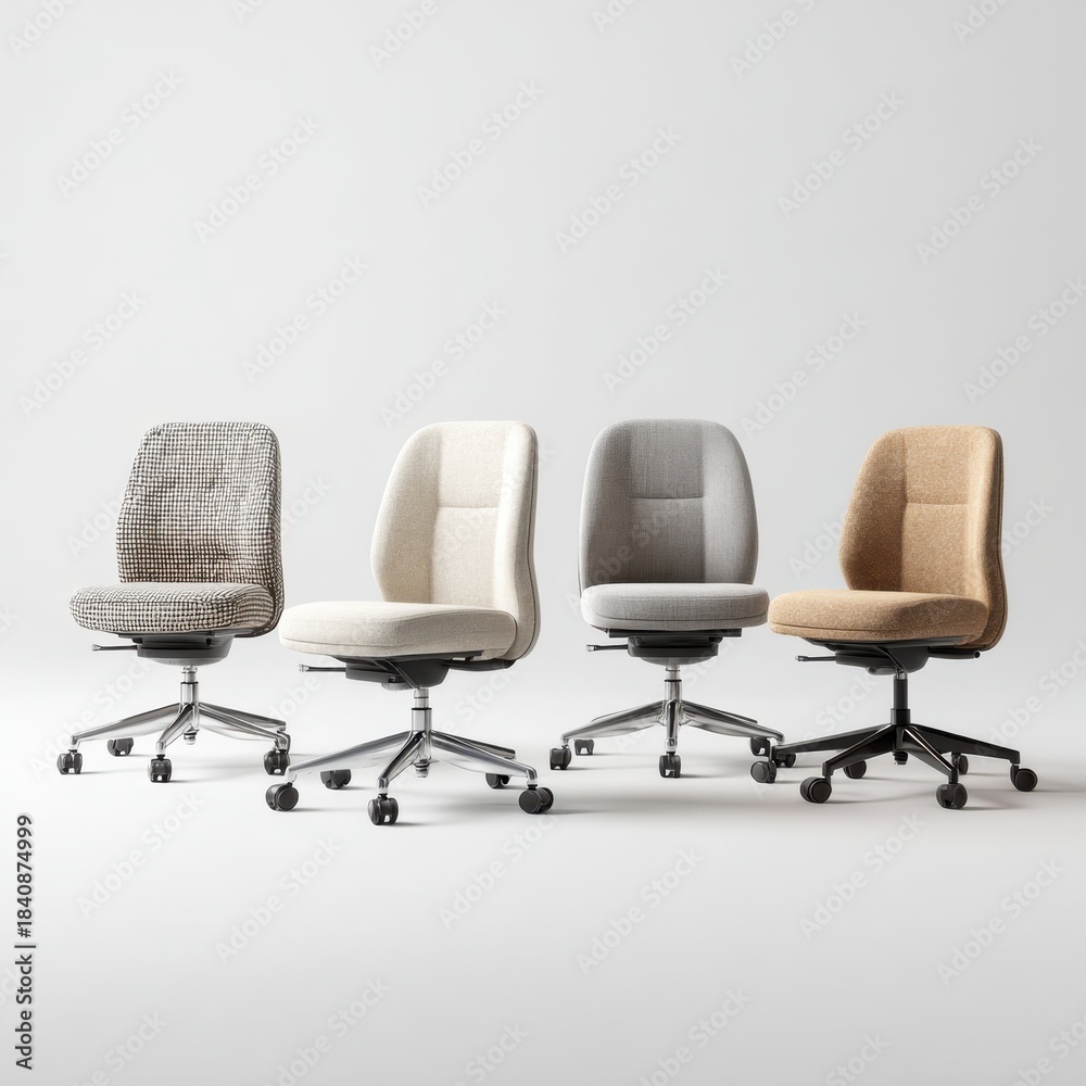 Obraz premium Four modern office chairs with different upholstery and colors arranged in a row