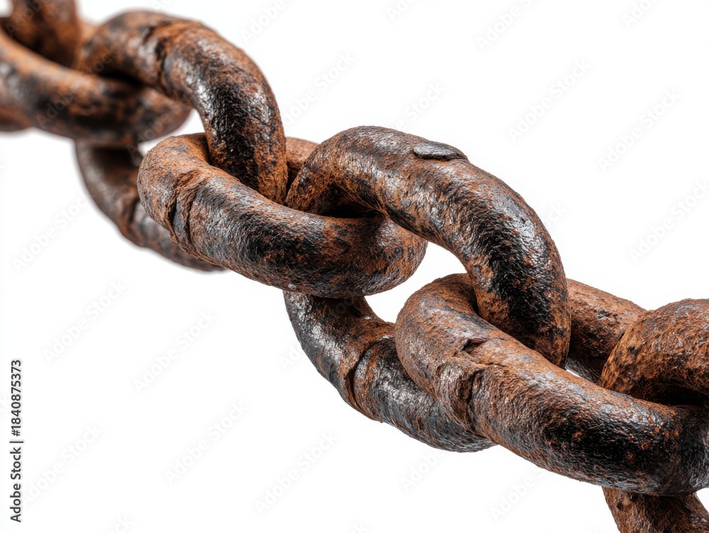 Obraz premium Close up view of a weathered rusty metal chain link on a white background