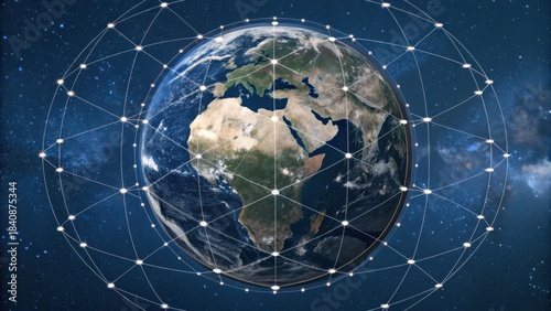 A digital depiction of Earth surrounded by a network of interconnected nodes, symbolizing global connectivity and technology.