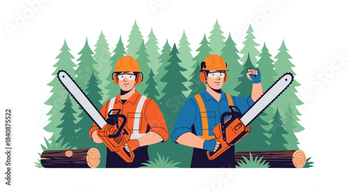 Two smiling lumberjacks in safety gear holding chainsaws stand in front of a pine forest with cut logs, representing the forestry industry.