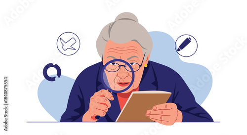 Elderly woman or professional fact-checker scrutinizes a document with a magnifying glass, symbolizing research, proofreading, and attention to detail.
