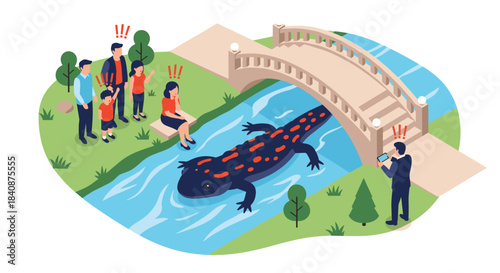A giant salamander swims in a river under a bridge, surprising a family and another person taking a photo in this isometric illustration.