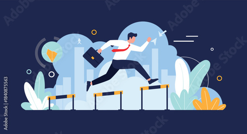 Businessman with a briefcase jumps over hurdles against a city skyline, a metaphor for overcoming challenges, ambition, and achieving business success.