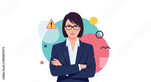 Angry businesswoman with glasses and arms crossed stands in front of an abstract background, expressing frustration, disapproval, or a serious attitude.