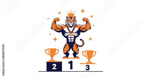 Muscular tiger mascot wearing a crown and a gold medal stands proudly on the first-place podium, flexing its biceps next to second and third place trophies.