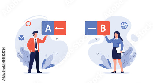 Business concept illustration showing a man and woman holding signs for A and B with arrows pointing in opposite directions, symbolizing choice.