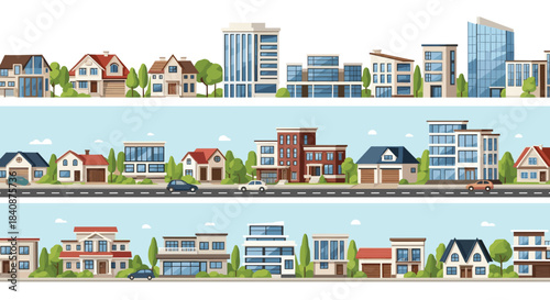 Three seamless horizontal banners showing different city streets with a variety of residential houses, apartment buildings, and office blocks.